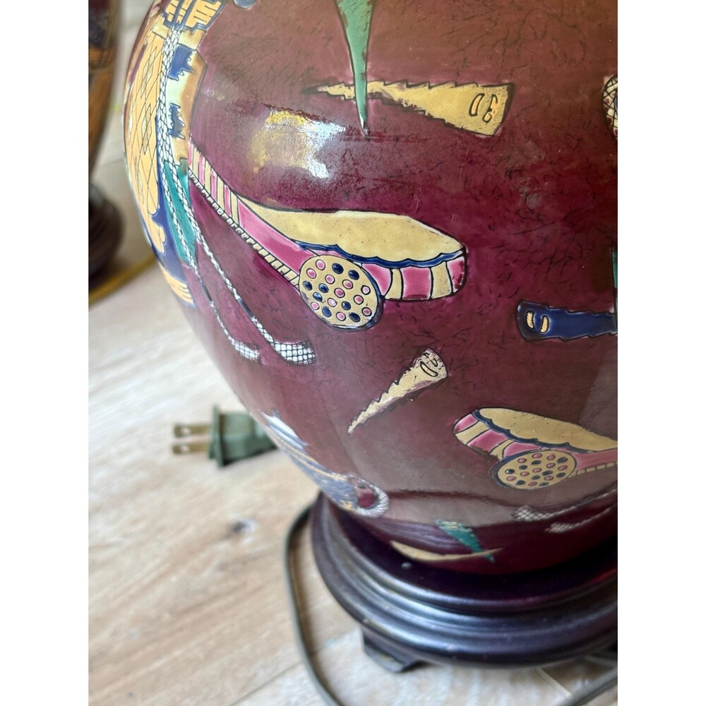Vintage Golf Table Lamps Pair Burgundy Ceramic Golfer Lamp Country Club Decor - Picture 3 of 14